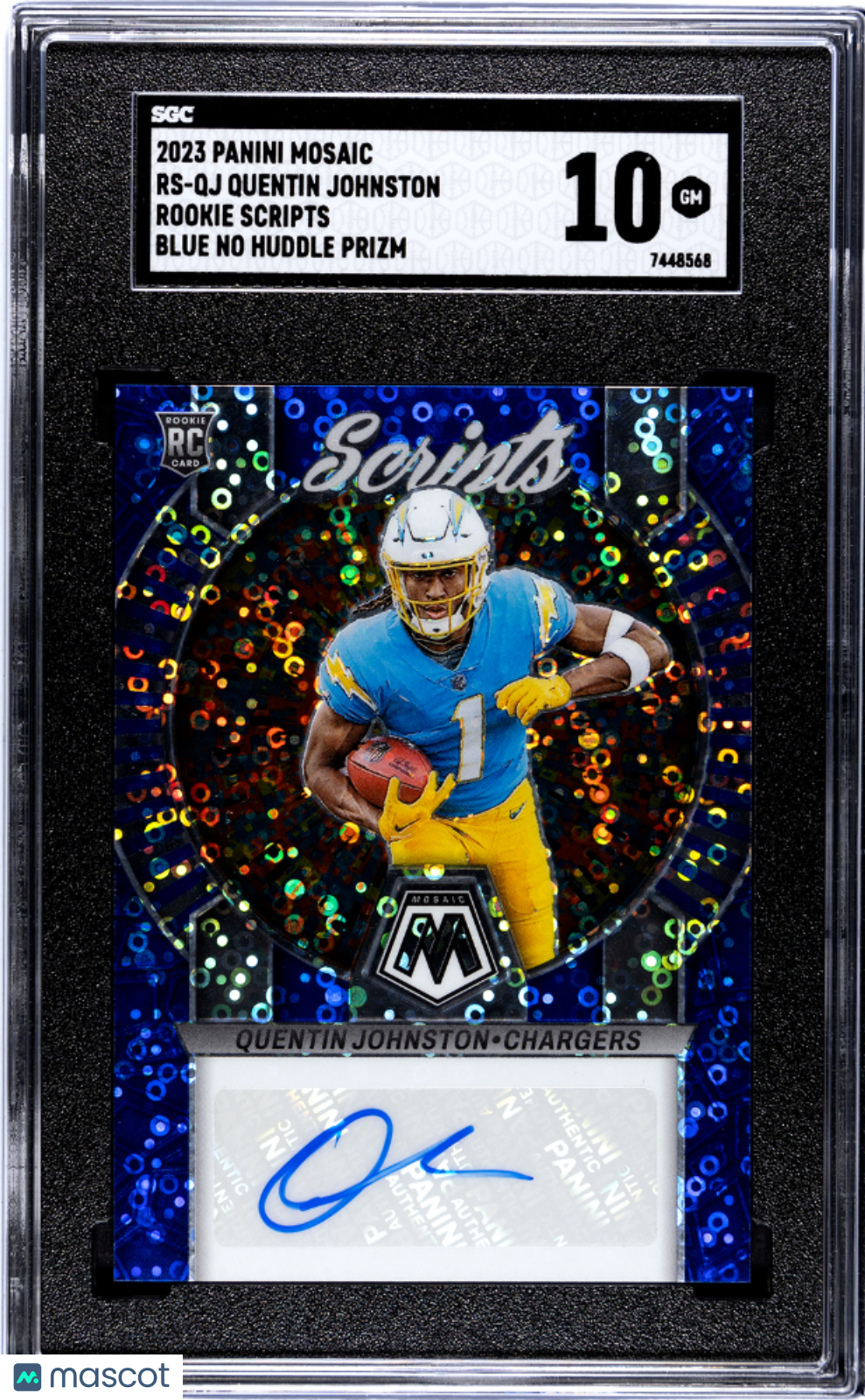 Quentin Johnston 2023 Panini Mosaic #RS-QJ Rookie Scripts Blue No Huddle Prizm SGC 10