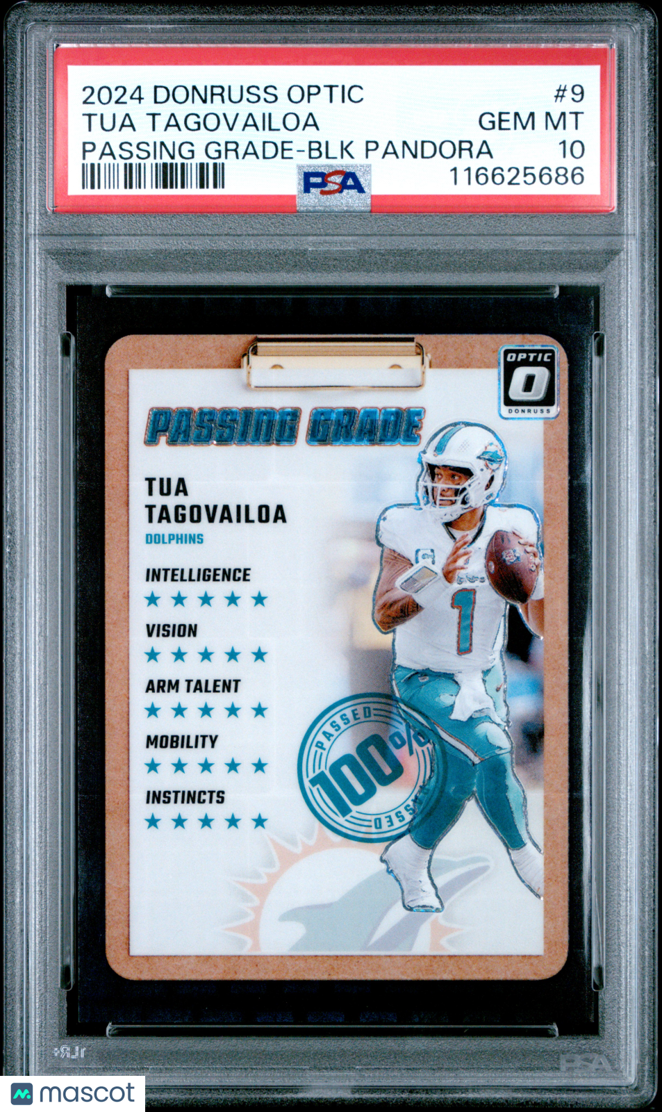 Tua Tagovailoa 2024 Panini Donruss Optic Passing Grade #9 BLK Pandora PSA 10