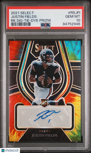 Justin Fields 2021 Panini Select Rookie Signatures #RSJFI RK. SIG Tie Dye Prizm PSA 10