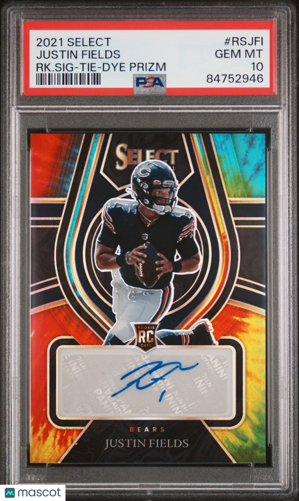 Justin Fields 2021 Panini Select Rookie Signatures #RSJFI RK. SIG Tie Dye Prizm PSA 10