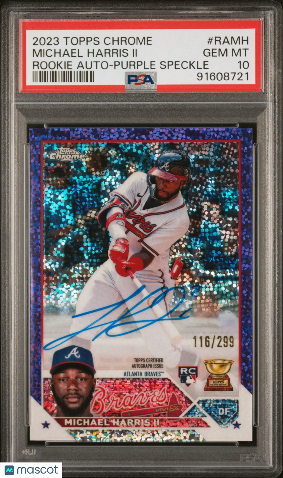 Michael Harris II 2023 Topps Chrome RC Auto #RAMH Purple Speckle /299 PSA 10