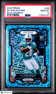 De'von Achane 2023 Panini Prizm #365 Blue Sparkle PSA 10