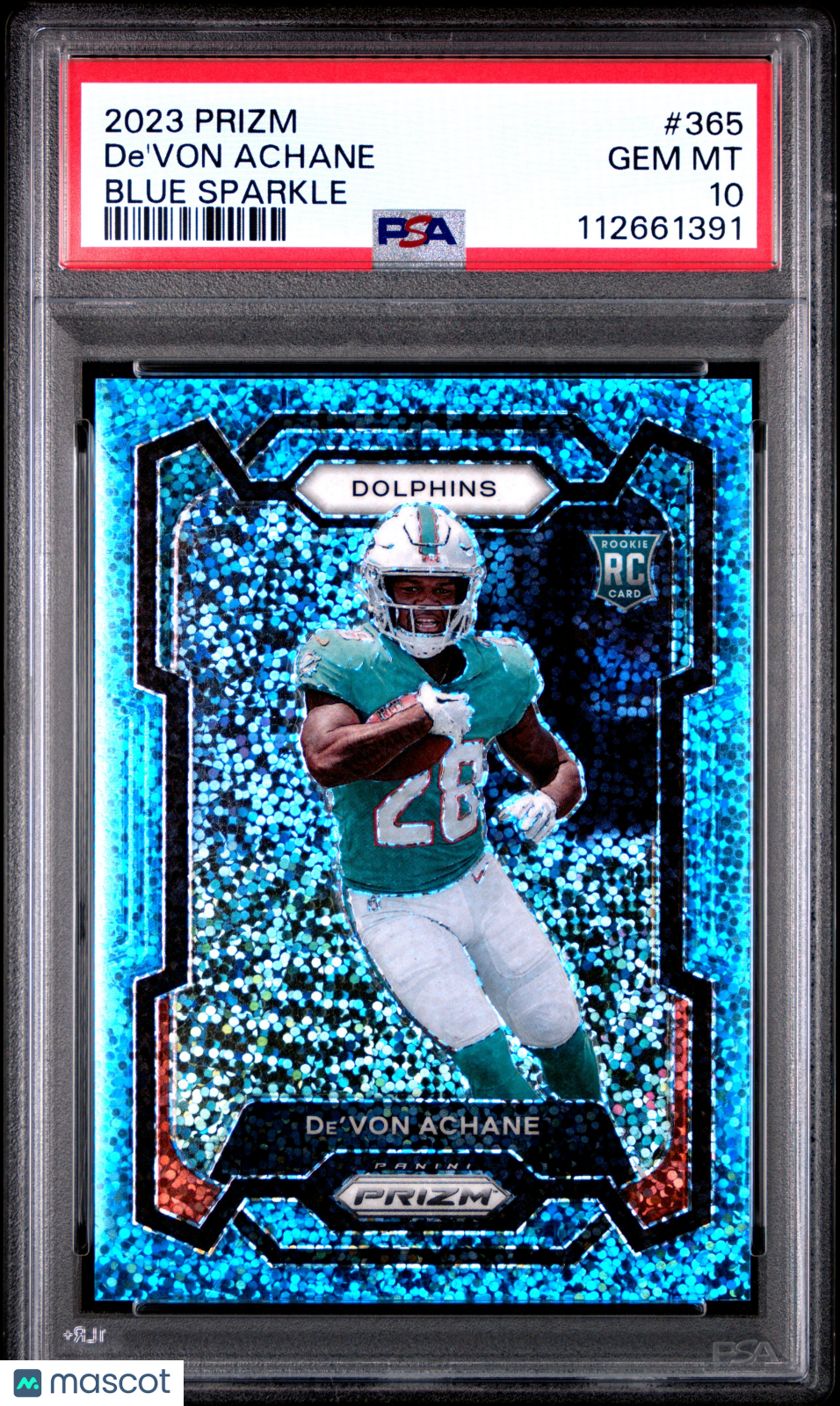 De'von Achane 2023 Panini Prizm #365 Blue Sparkle PSA 10