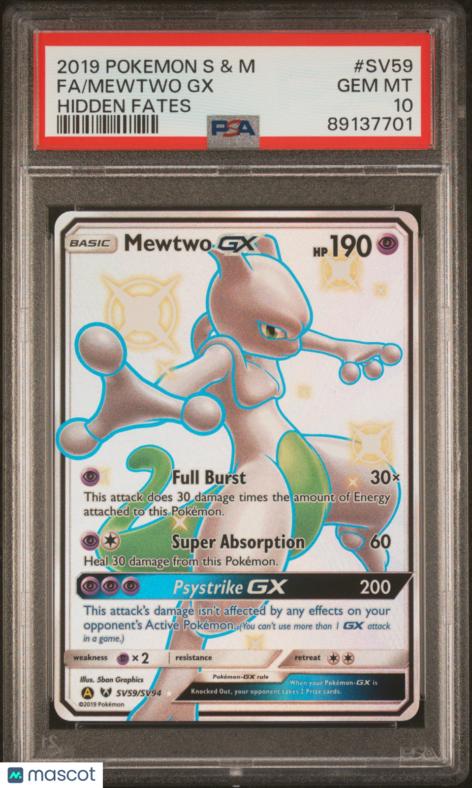2019 Pokemon Sun & Moon Hidden Fates Mewtwo GX Fa Hidden Fates PSA 10 #SV59