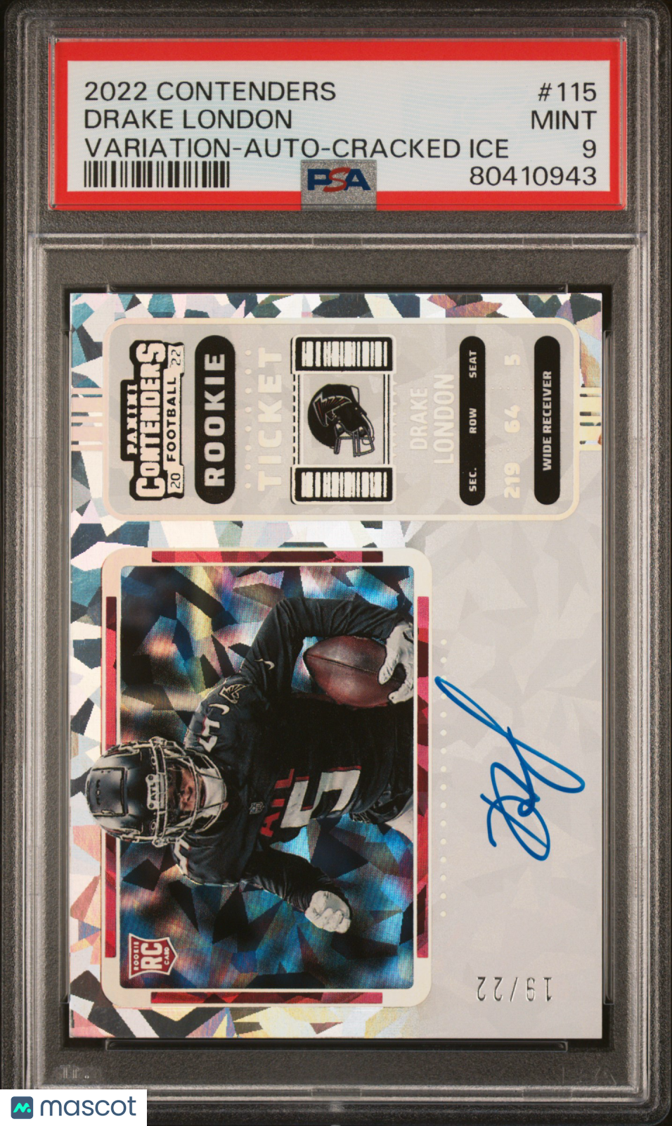 Drake London 2022 Panini Contenders #115 Variation Auto Cracked Ice /22 PSA 9