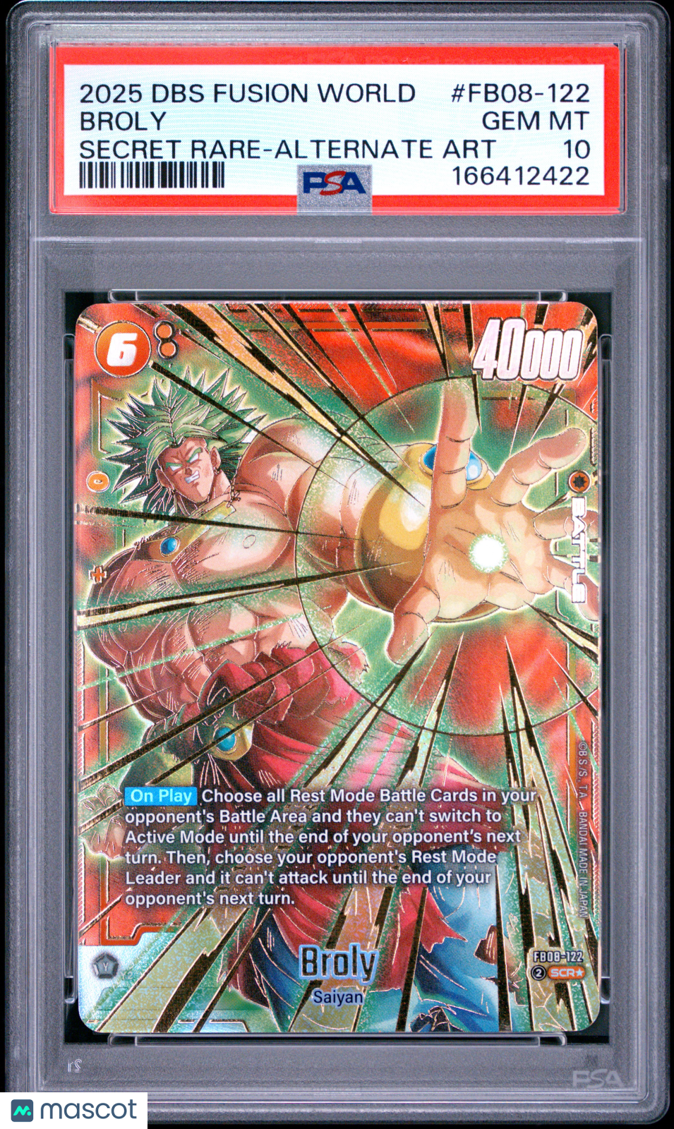 2025 Dragon Ball Super Card Game Fusion World Saiyan's Pride Broly Secret Rare-Alternate Art PSA 10 #FB08-122