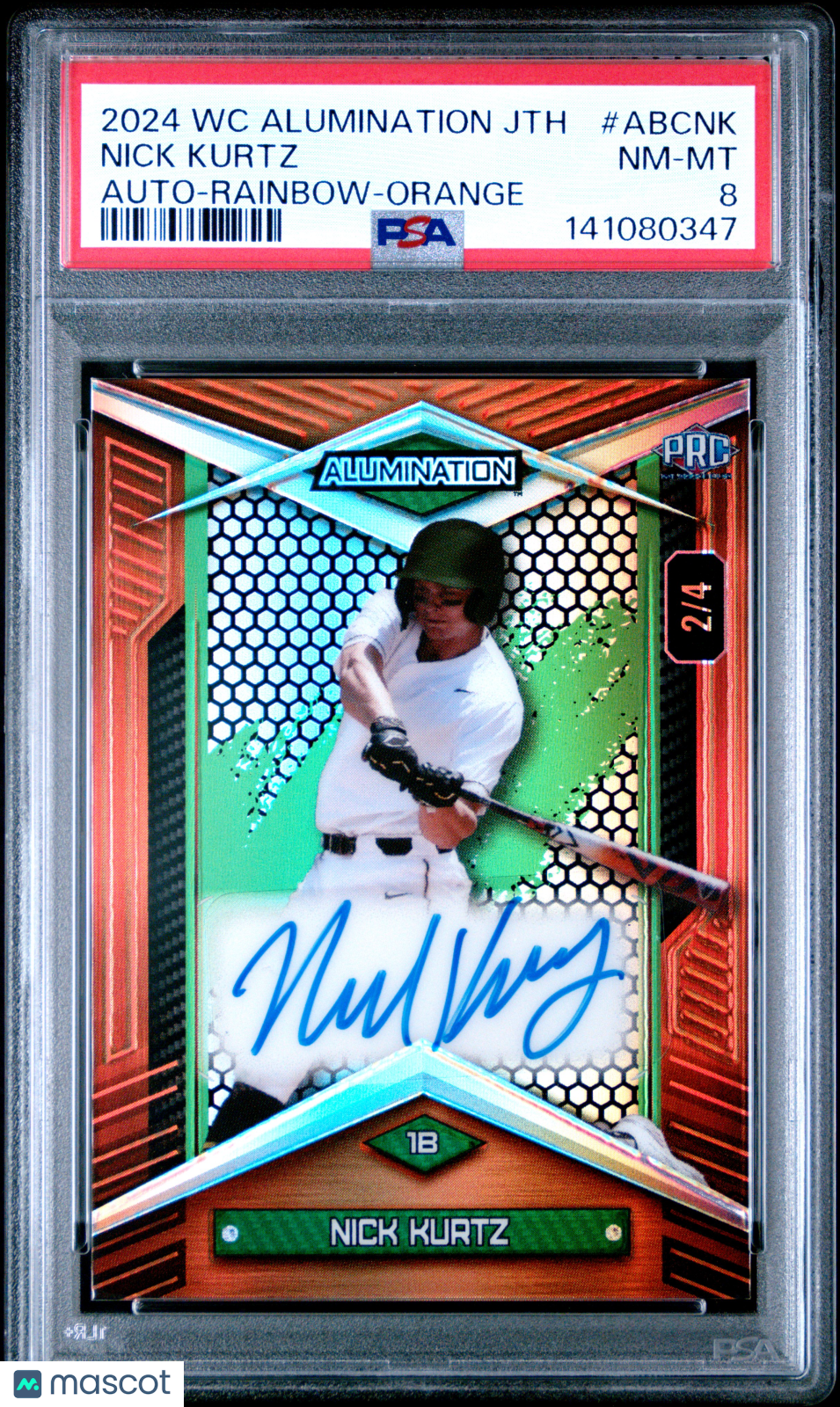 Nick Kurtz 2024 Wild Card Alumination Just The Hits Autographs #ABCNK Rainbow Orange /4 PSA 8