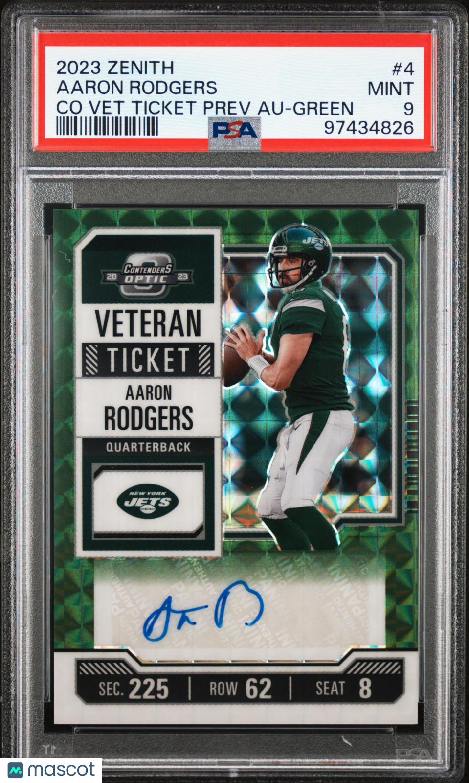 Aaron Rodgers 2023 Panini Zenith Contenders Optic Veteran Ticket Preview Autographs #4 Green PSA 9