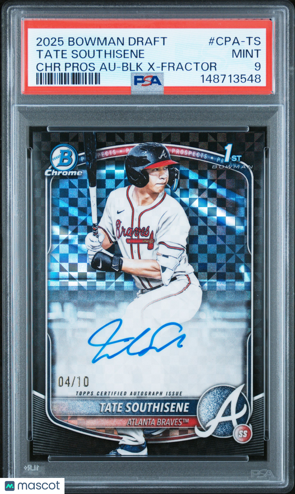 Tate Southisene 2025 Bowman Draft Chrome Prospect Autographs #CPA-TS BLK X Fractor /10 PSA 9
