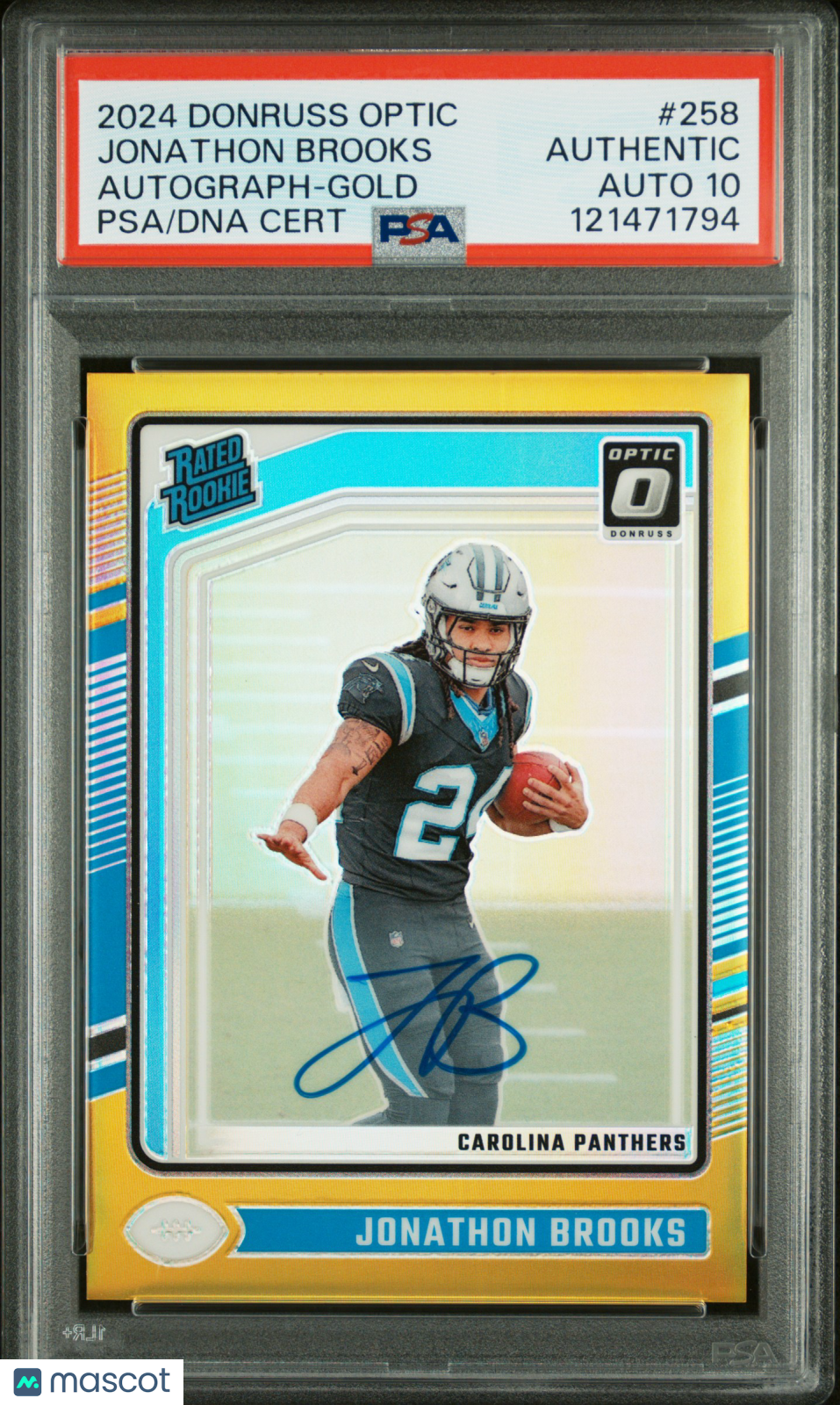 Jonathon Brooks 2024 Panini Donruss Optic #258 Autograph Gold PSA A Auto 10