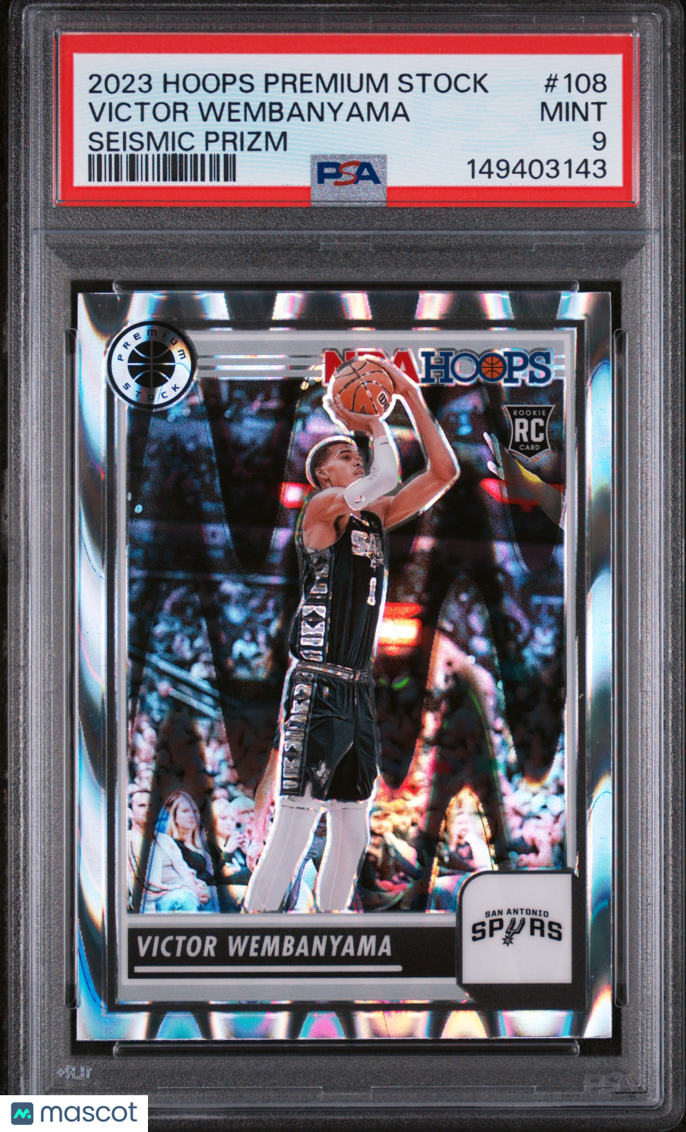 Victor Wembanyama 2023 Panini Hoops Premium Stock #108 Seismic Prizm PSA 9