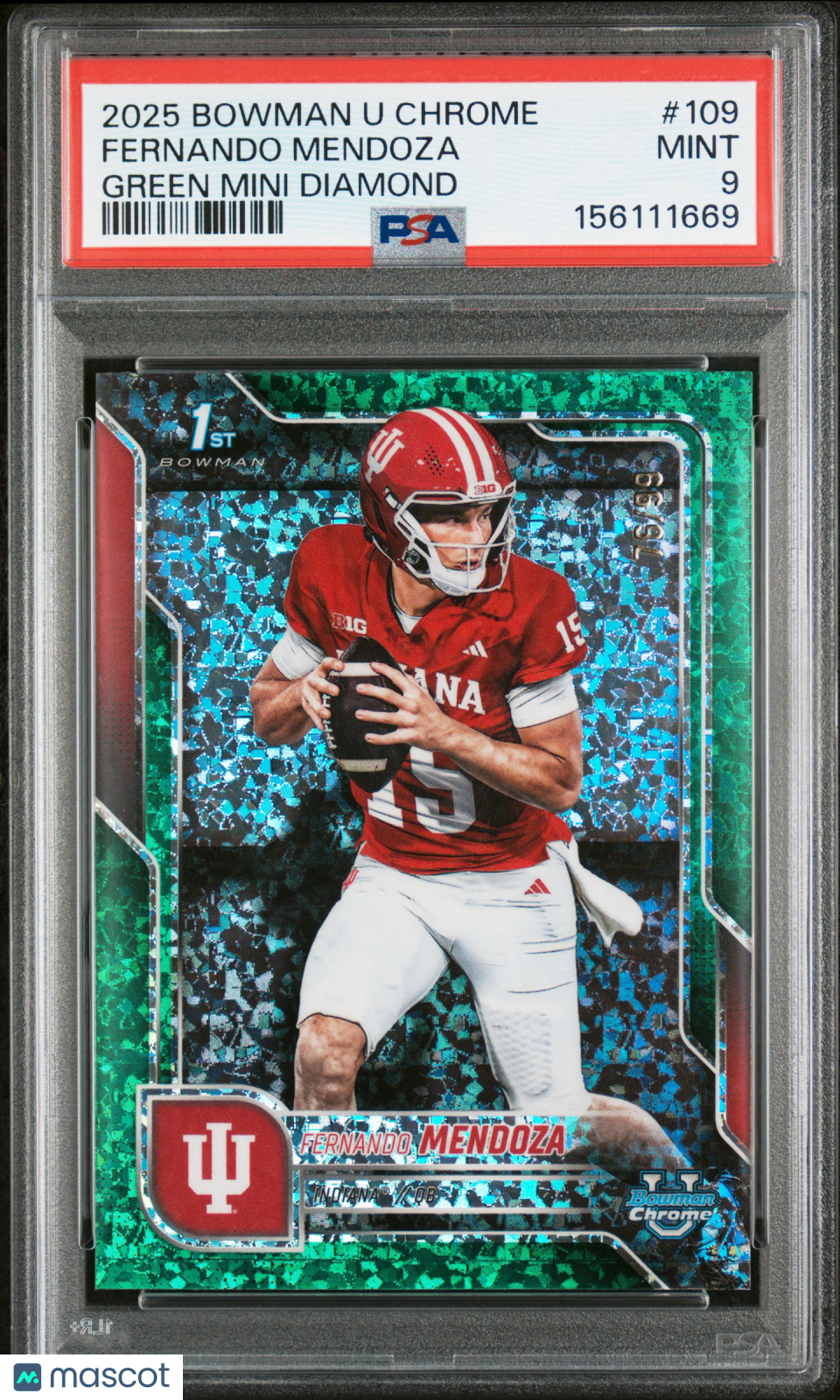 Fernando Mendoza 2025 Bowman University Chrome #109 Green Mini Diamond PSA 9