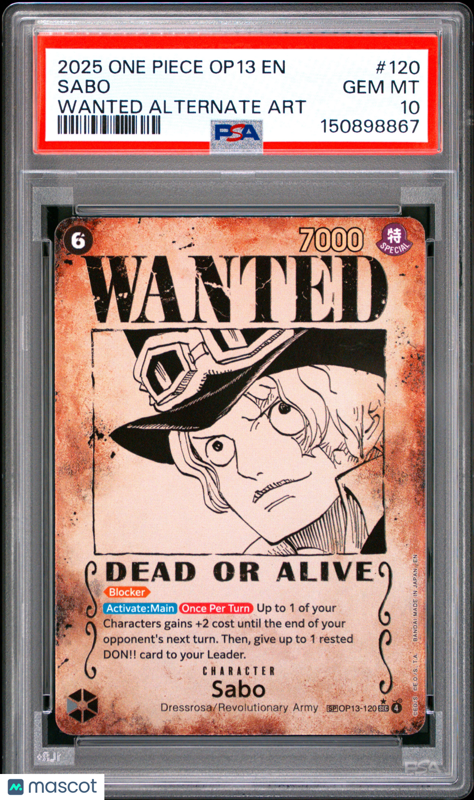2025 One Piece Op13-Carrying On His Will Sabo Wanted Alternate Art PSA 10 #120