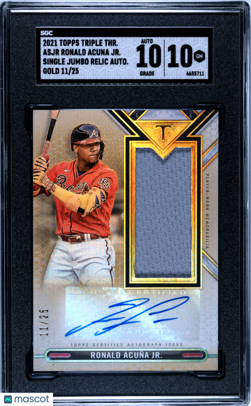 Ronald Acuna JR. 2021 Topps Triple Threads #ASJR-RAJ Single Jumbo Relic Autograph Gold 25 SGC 10 Auto 10