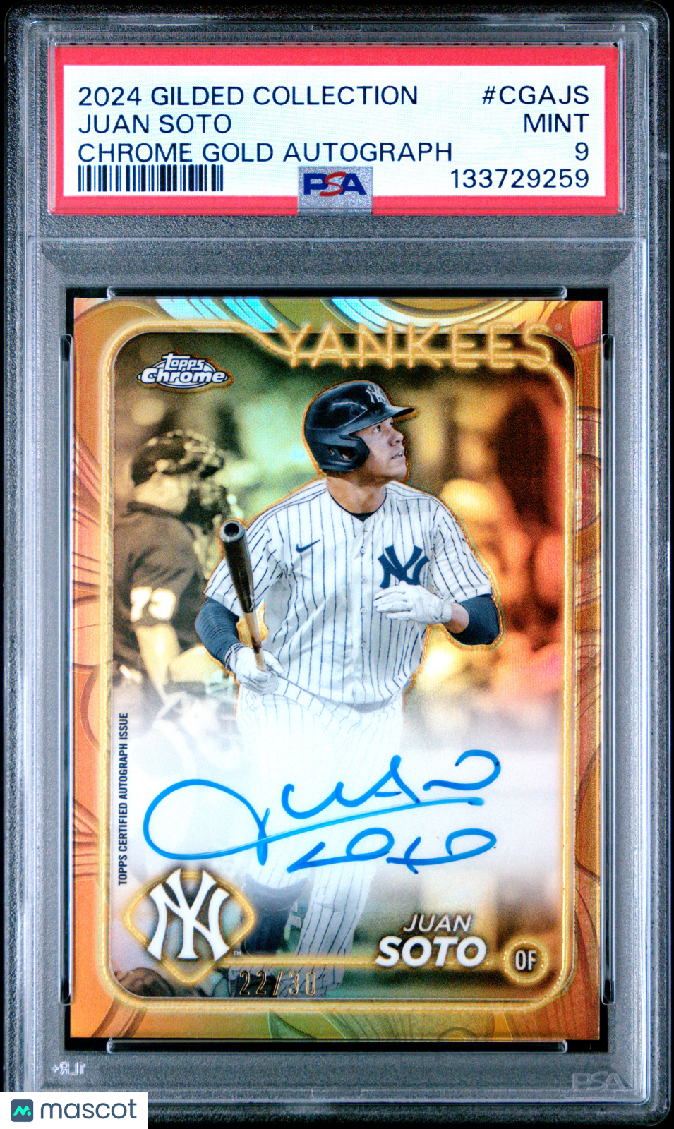 Juan Soto 2024 Topps Gilded Collection Topps Chrome Gold Autographs #CGAJS /30 PSA 9