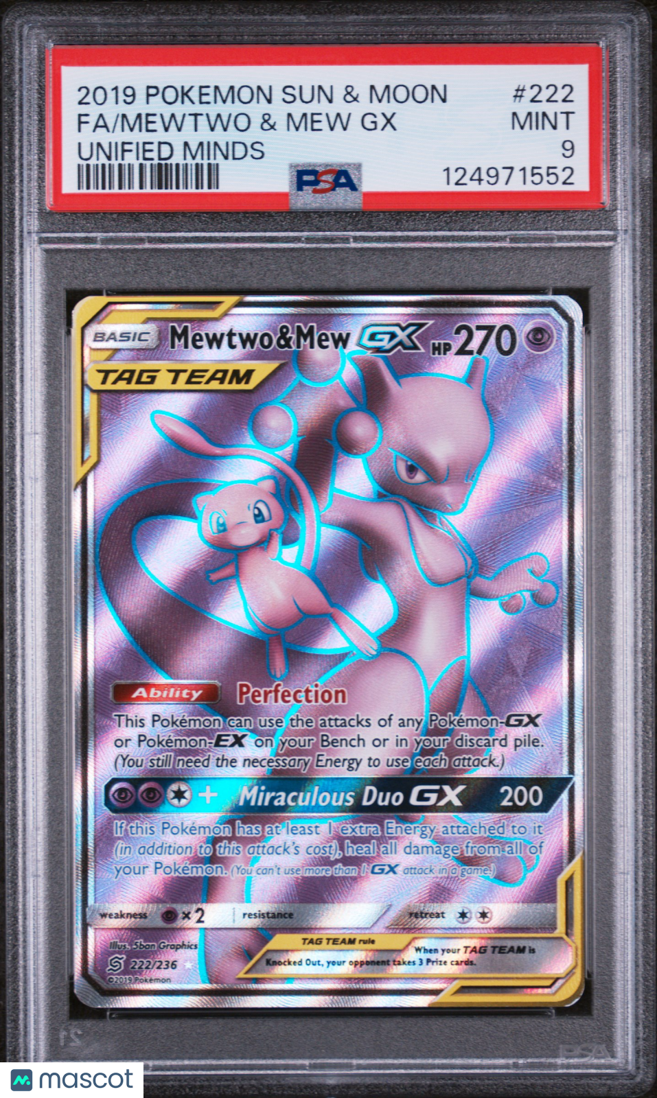 2019 Pokemon Sun & Moon Unified Minds Mewtwo & Mew GX Fa Unified Minds PSA 9 #222
