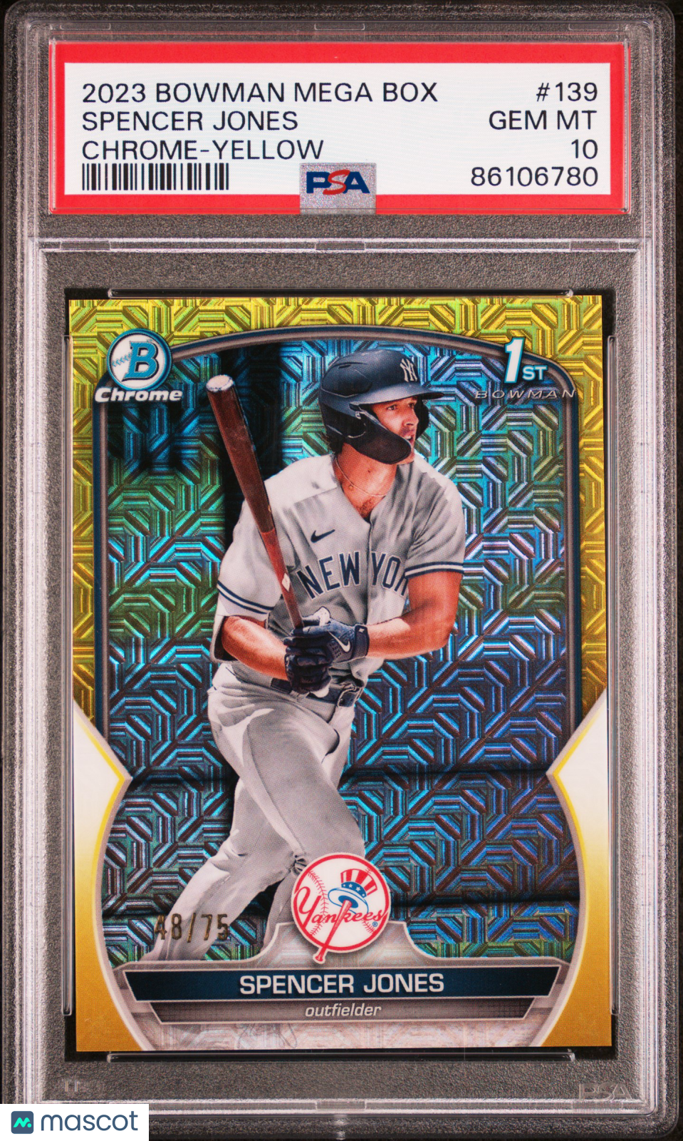 Spencer Jones 2023 Bowman Mega Box Chrome #139 Yellow Refractor /75 PSA 10