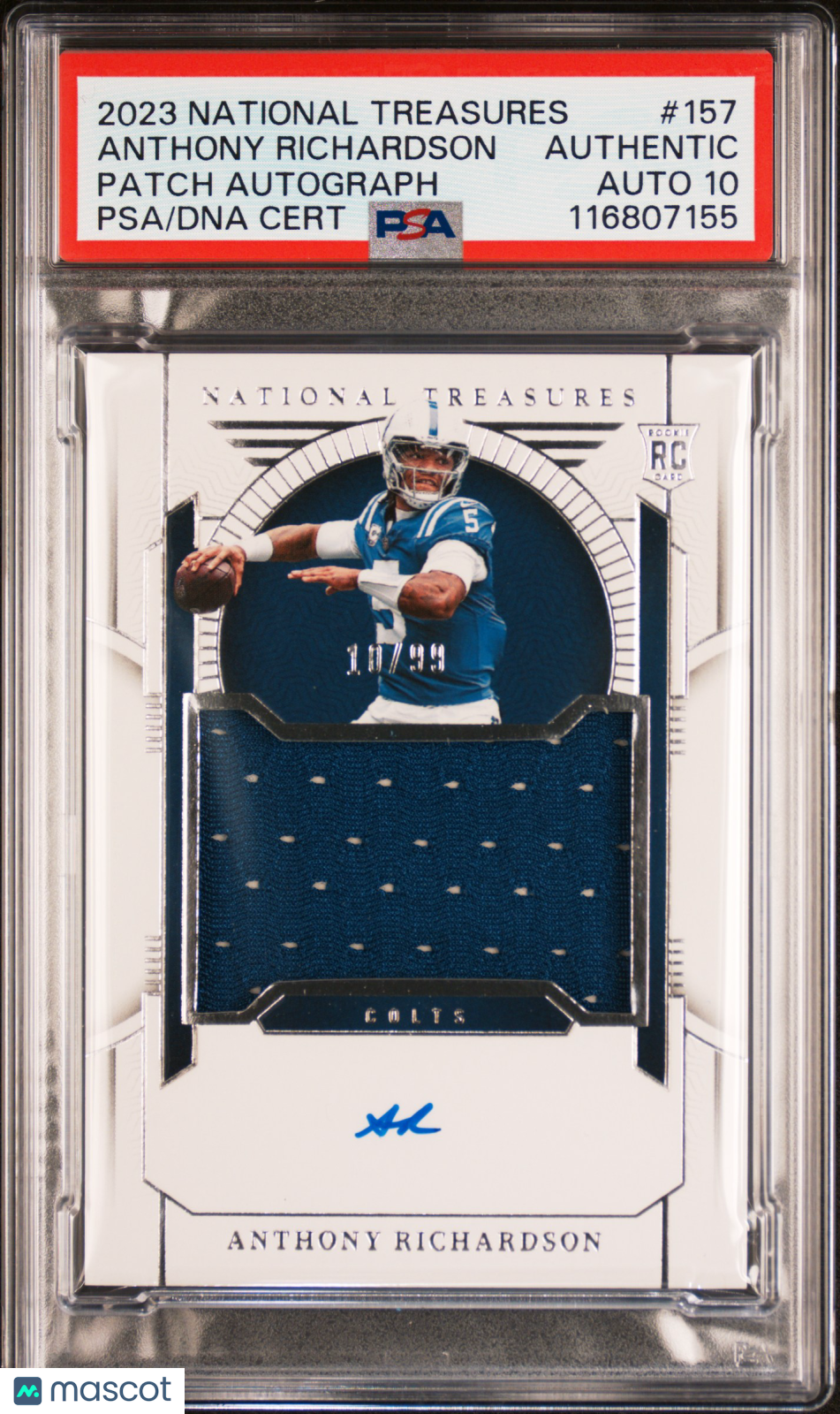 Anthony Richardson 2023 Panini National Treasures #157 Patch Autograph /99 PSA A Auto 10
