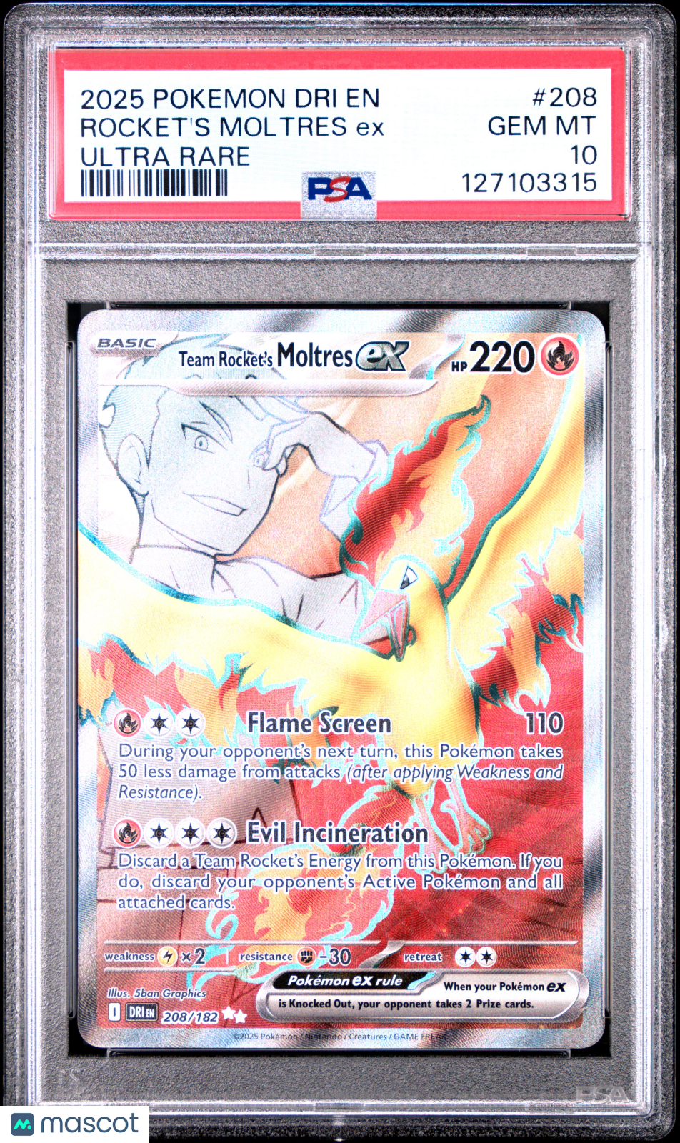 2025 Pokemon Dri EN-Destined Rivals Rocket's Moltres EX Ultra Rare PSA 10 #208