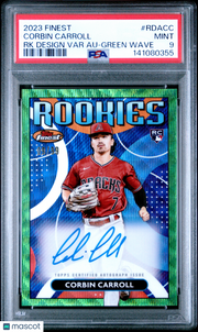 Corbin Carroll 2023 Topps Finest Finest Rookies Design Variation Autographs #RDACC RK Green Wave /99 PSA 9