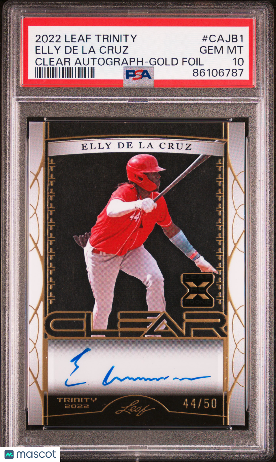 Elly De La Cruz 2022 Leaf Trinity Clear Autographs #CA- Gold Foil /50 PSA 10