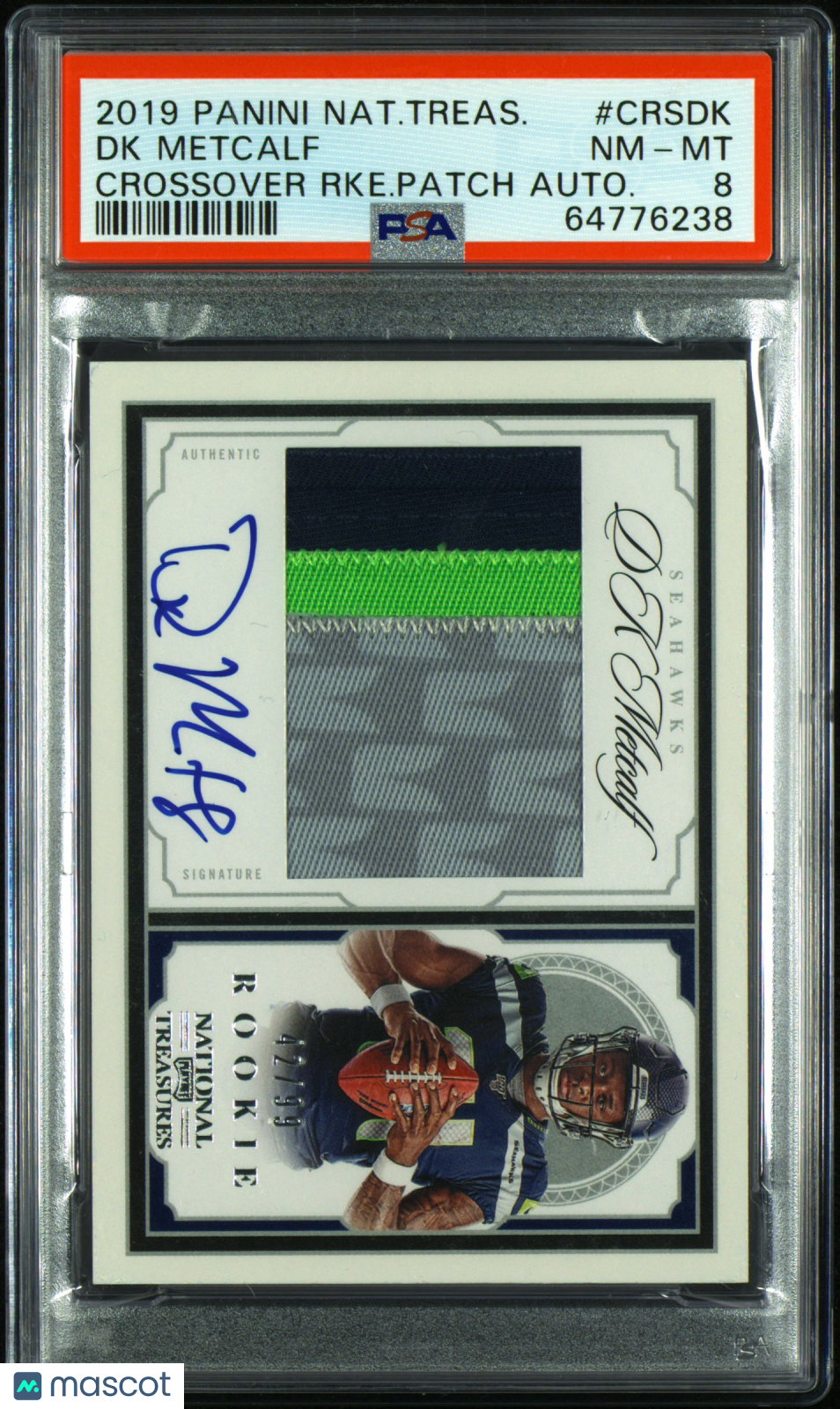 DK Metcalf 2019 Panini National Treasures Crossover Rookie Patch Autographs #CRSDK RKE. Patch Autograph /99 PSA 8