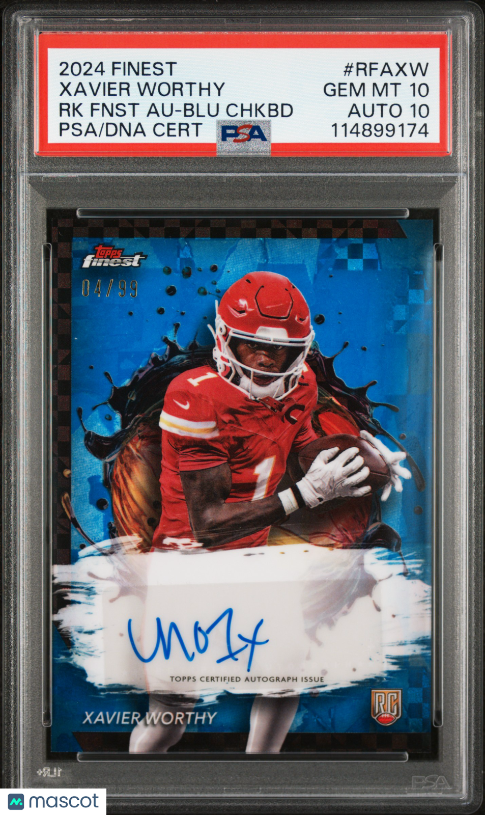 Xavier Worthy 2024 Topps Finest Rookie Finest Autographs #RFAXW RK Fnst Blu Chkbd /99 PSA 10 Auto 10