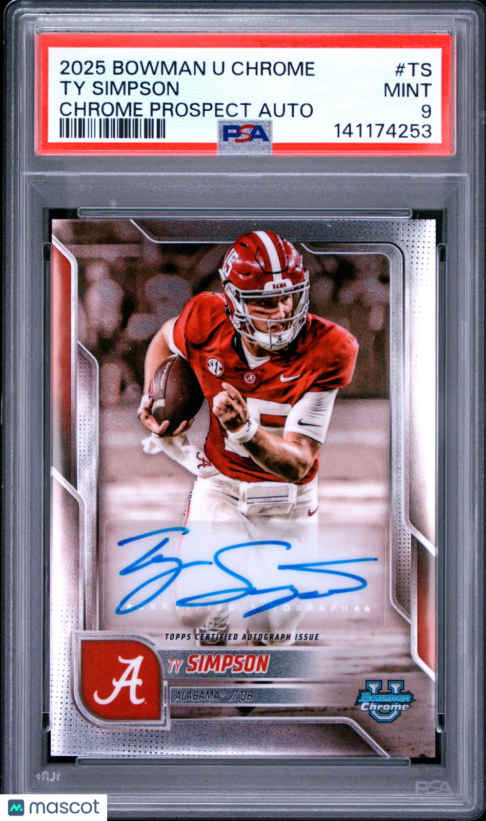 Ty Simpson 2025 Bowman University Chrome Bowman Chrome Prospect Autographs #TS PSA 9