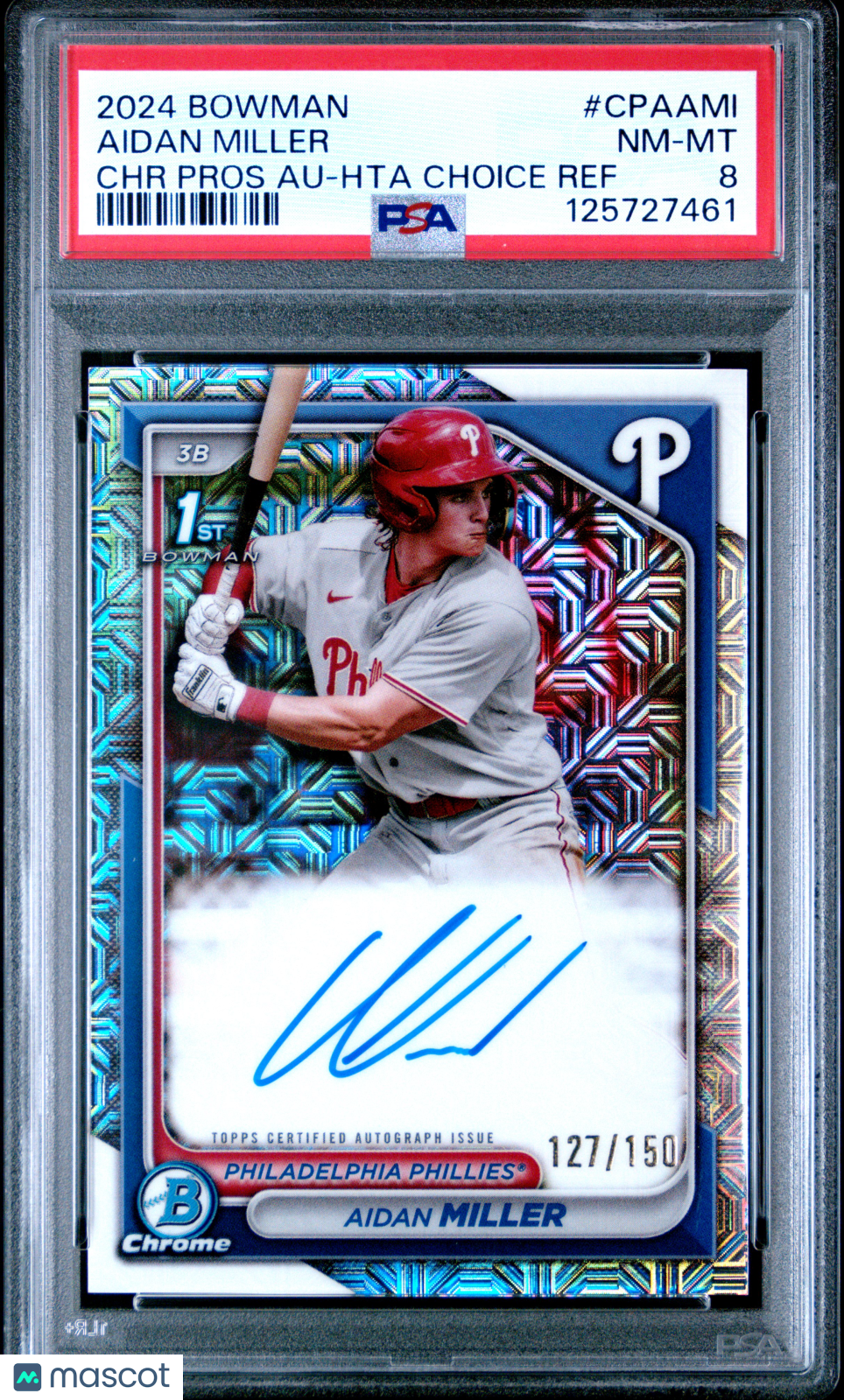 Aidan Miller 2024 Bowman Chrome Prospect Autographs #CPAAMI Hta Choice Ref /150 PSA 8