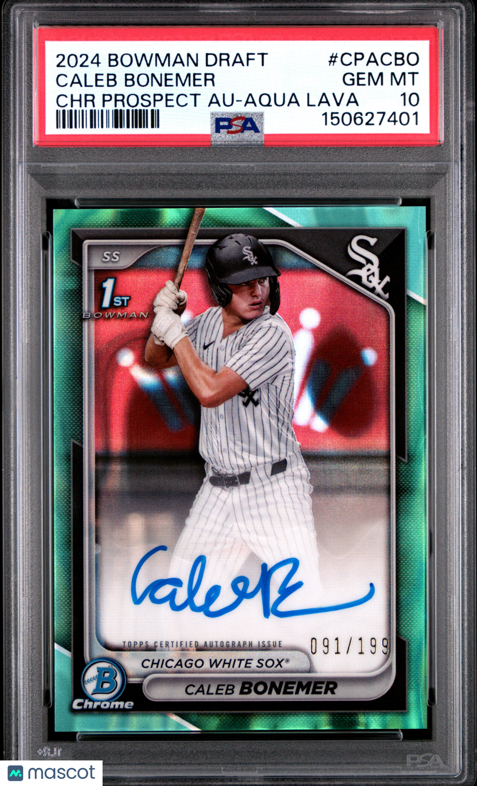Caleb Bonemer 2024 Bowman Draft Chrome Prospect Autographs #CPACBO Aqua Lava /199 PSA 10