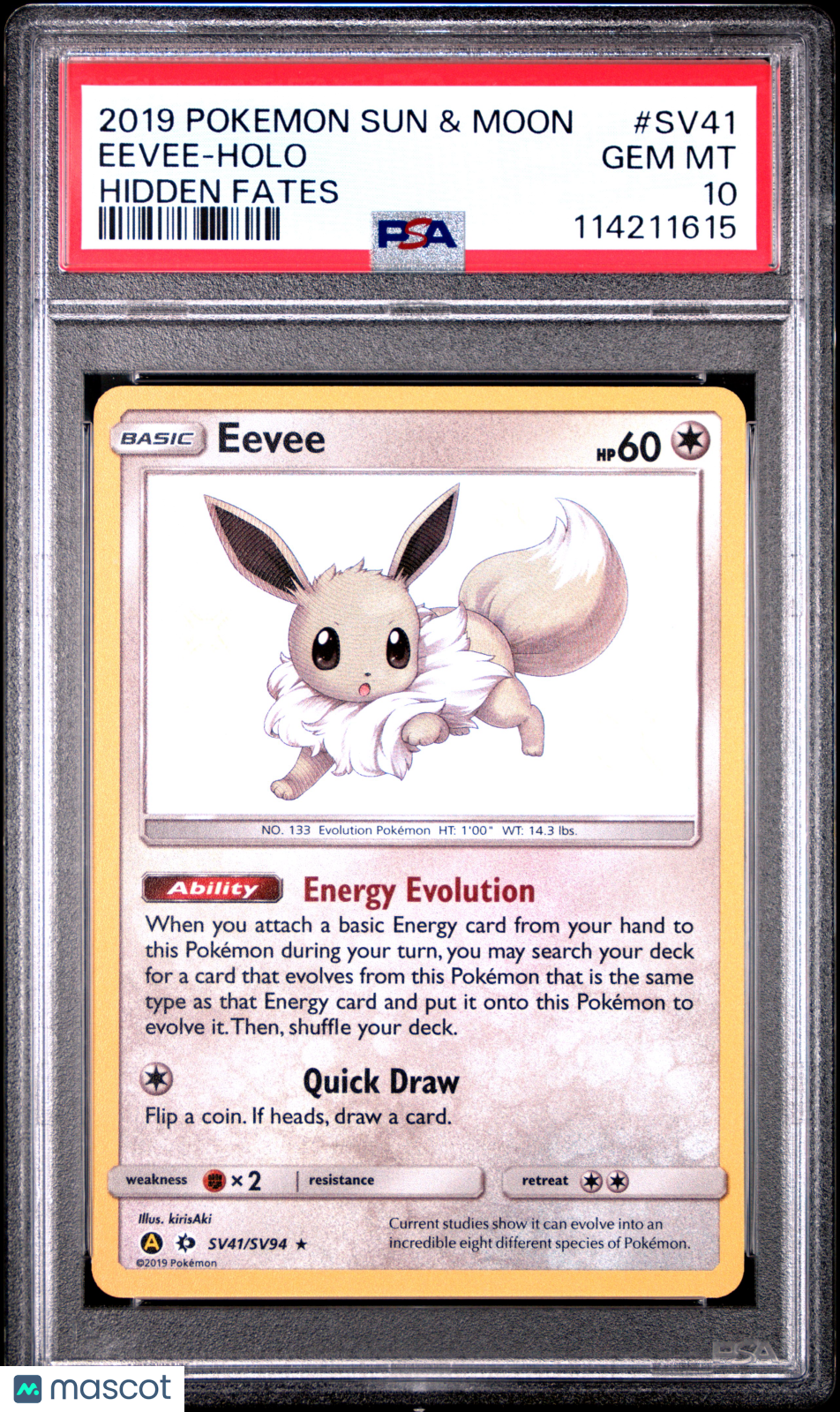 2019 Pokemon Sun & Moon Hidden Fates Eevee Holo Hidden Fates PSA 10 #SV41