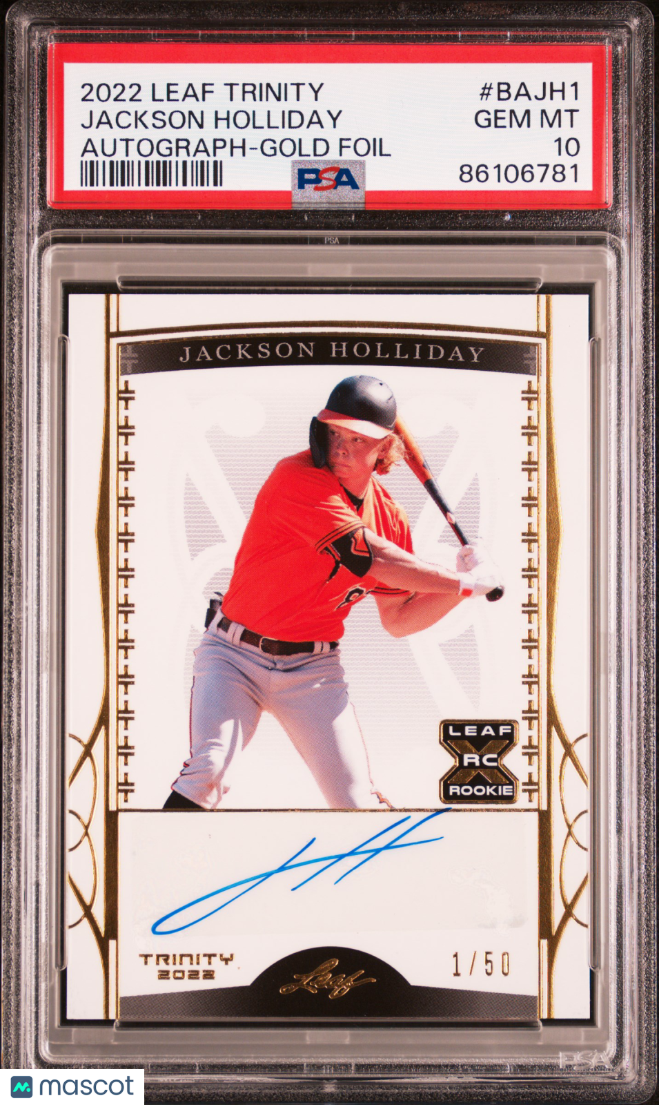 Jackson Holliday 2022 Leaf Trinity Autograph #BAJH1 Gold Foil /50 PSA 10