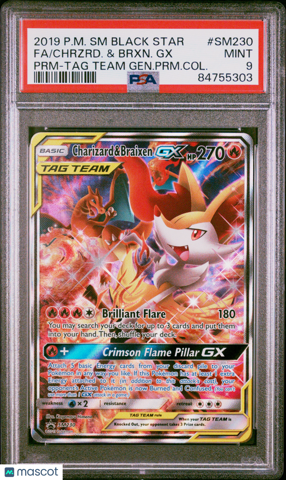 2019 Pokemon SM Black Star Promo Chrzrd. & Brxn. GX PRM-TAG Team Gen.PRM.Col. Fa PSA 9 #SM230