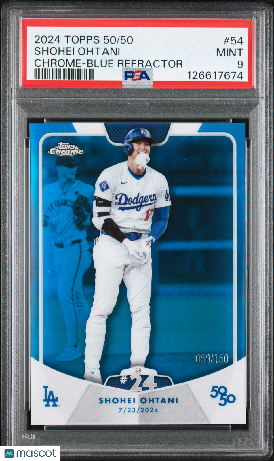 Shohei Ohtani 2024 Topps 50/50 Shohei Ohtani #54 Chrome Blue Refractor PSA 9